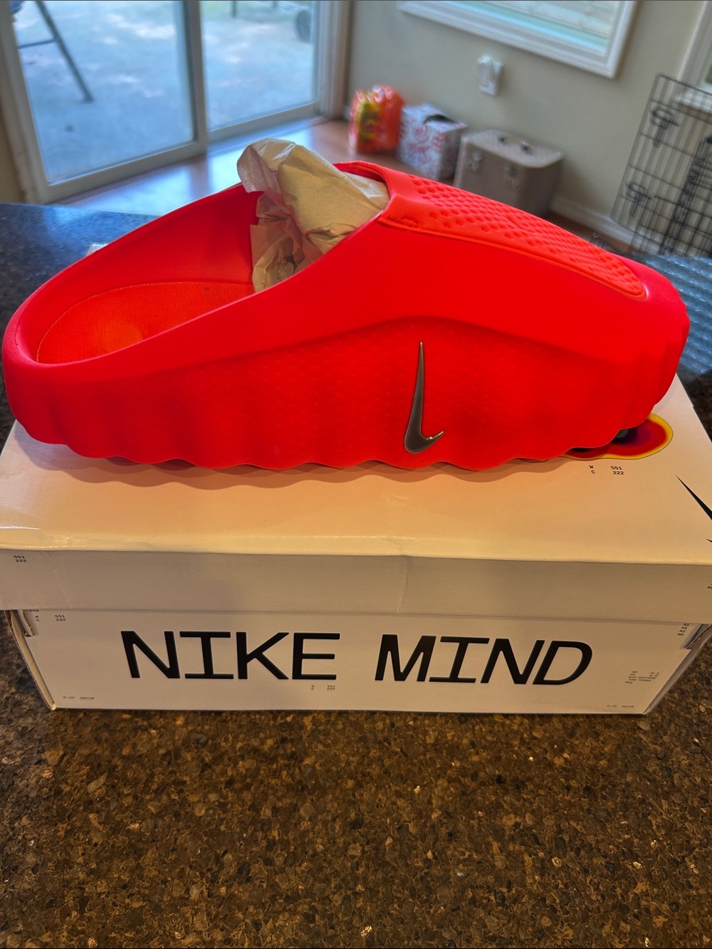 Men Nike Mind 001 Foam Slide in Solar Red with Silver Swoosh
